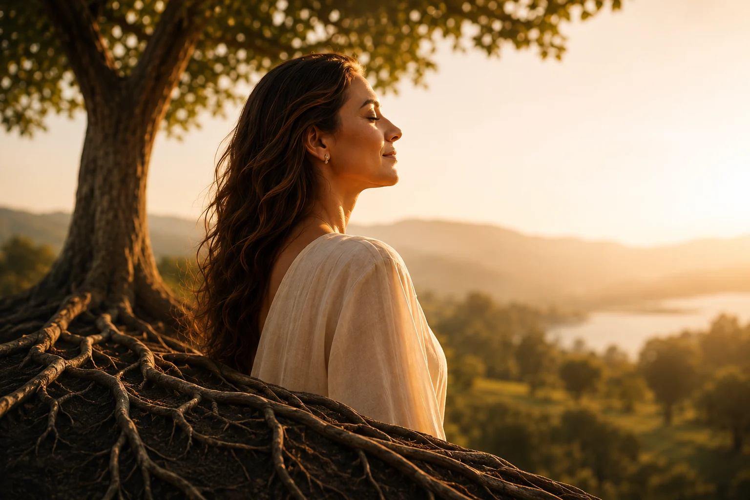 Imagem conceitual de uma mulher junto às raízes de uma árvore, em contato com a natureza