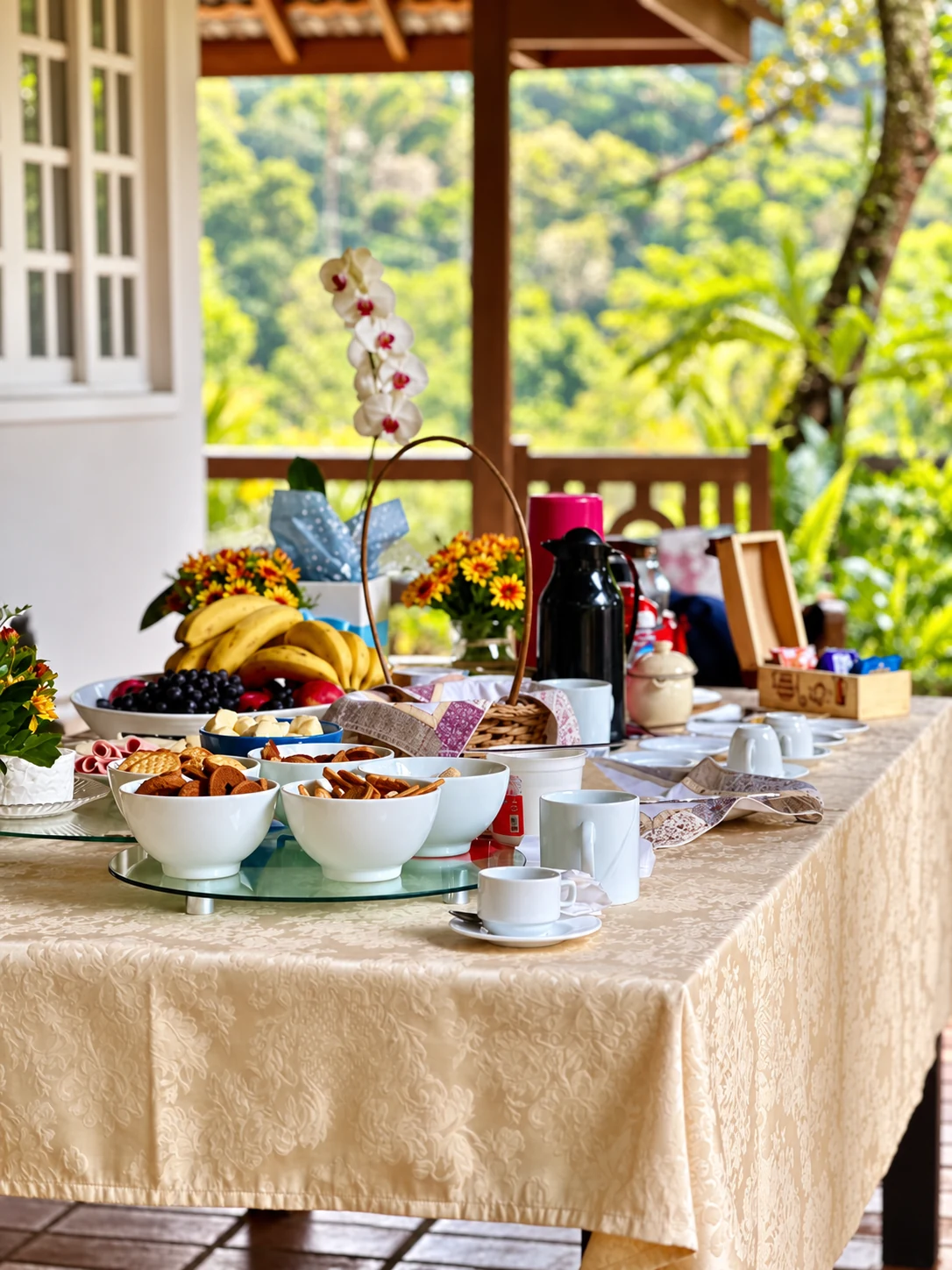 Mesa com frutas, bebidas e itens de café preparada para o grupo