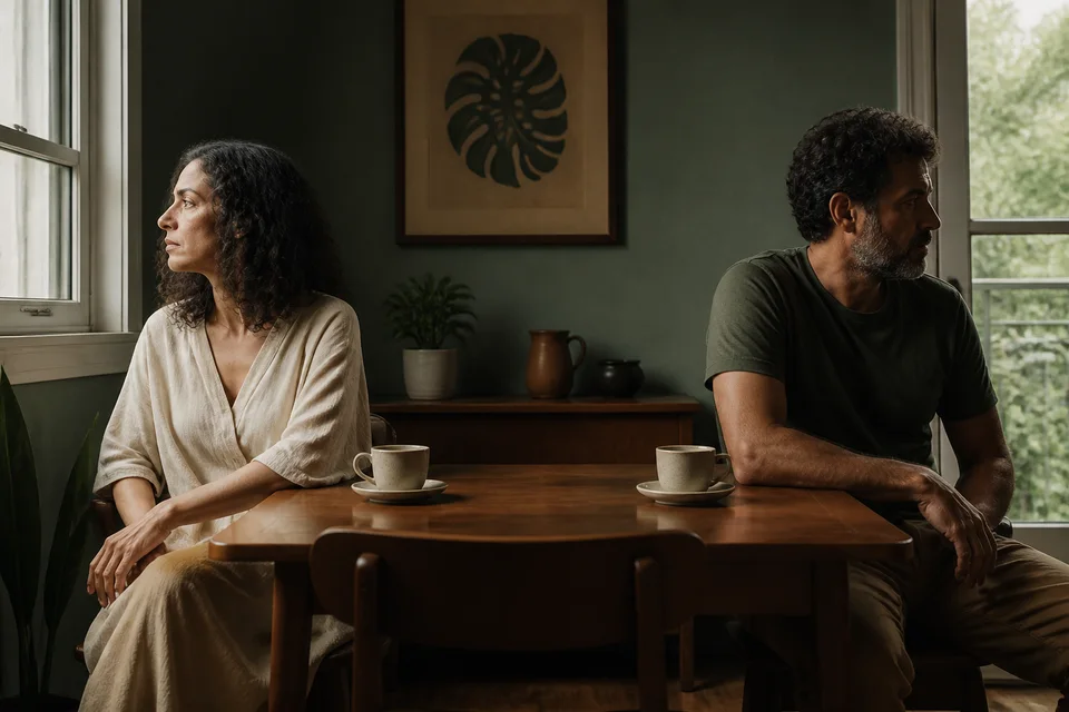 Imagem conceitual gerada por IA de um casal vivendo um momento de distanciamento