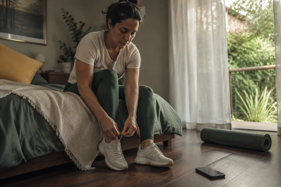 Imagem conceitual gerada por IA de uma mulher em um momento de pausa e autocuidado