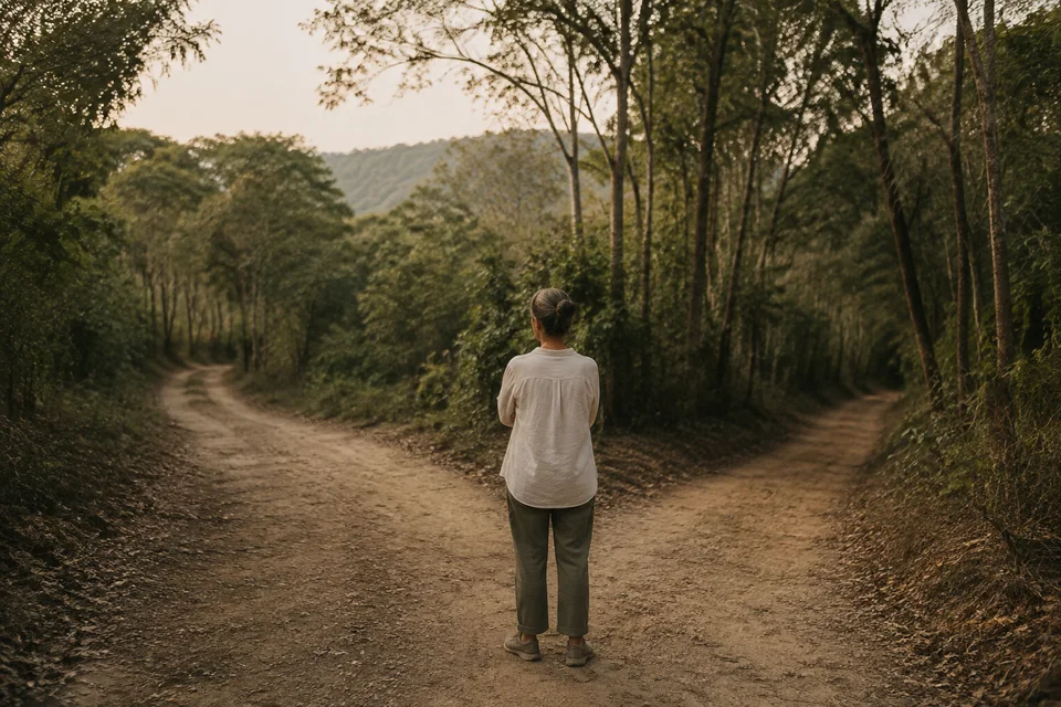 Imagem conceitual gerada por IA de uma mulher contemplando novos caminhos para a vida